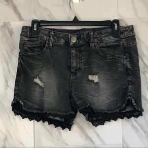 Black Ripped Lace Denim Shorts
